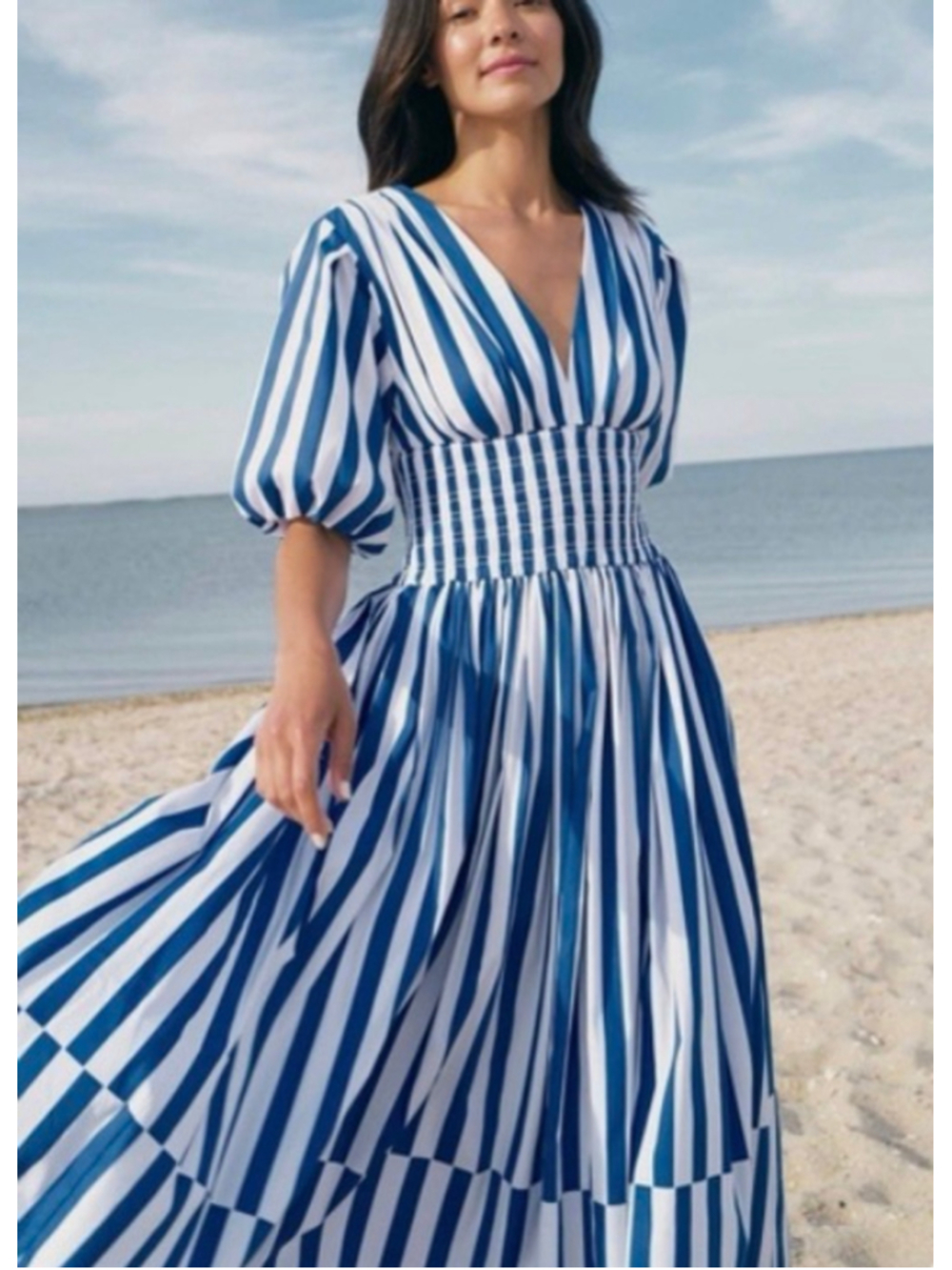 AYR The Extra Extra Puff Sleeve Midi Dress Blue Stripe V Neck Blend NWOT P26